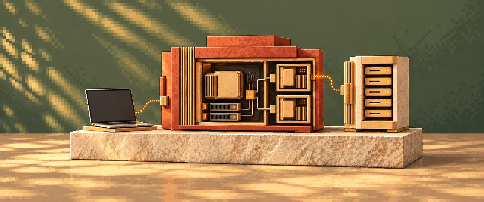 Pixel-art laptop connected to an orange server enclosure and a separate storage tower on a stone plinth