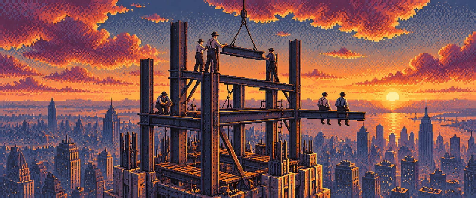 Pixel-art ironworkers raise a steel girder on an unfinished skyscraper frame at sunset while others rest on a beam above the city