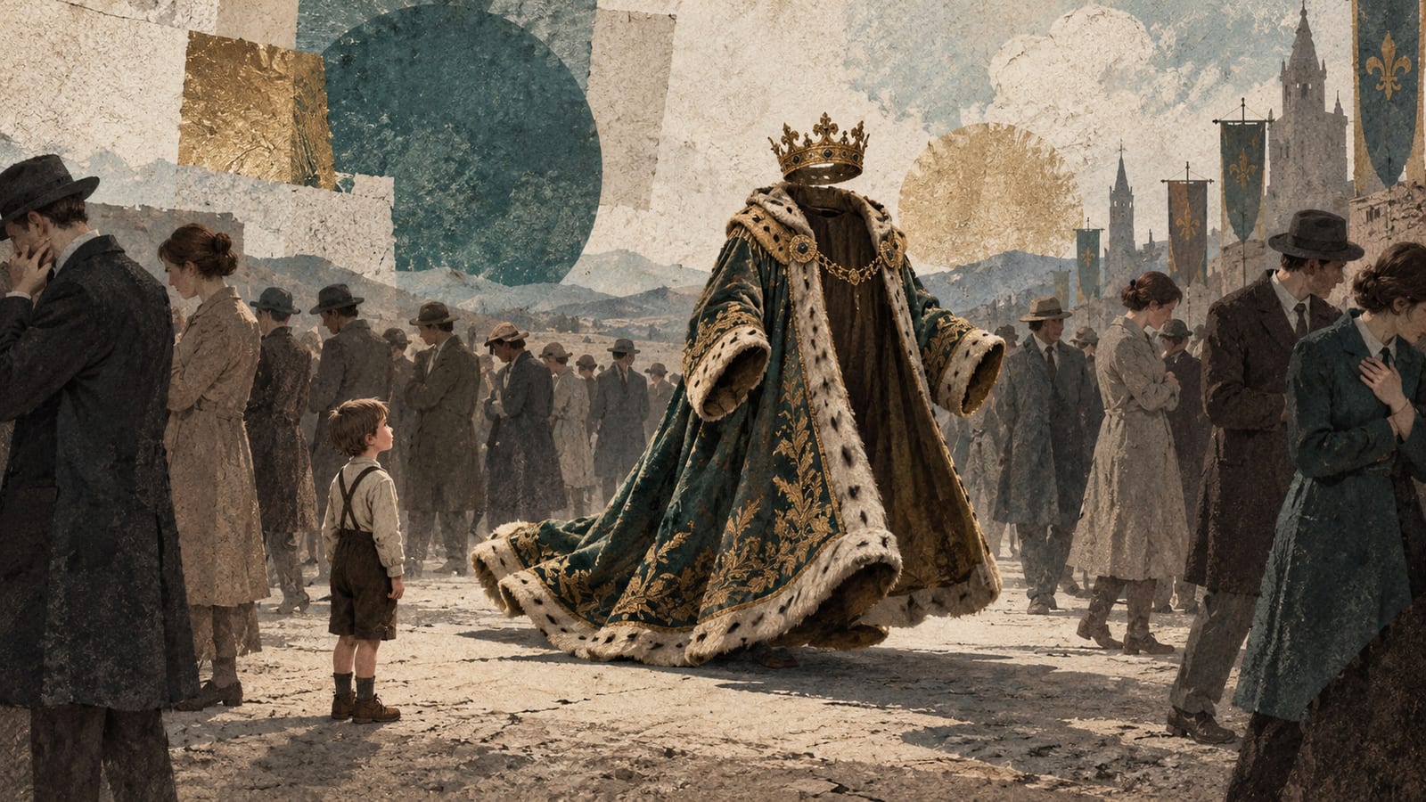 An empty crowned royal robe leads a procession while a child looks on