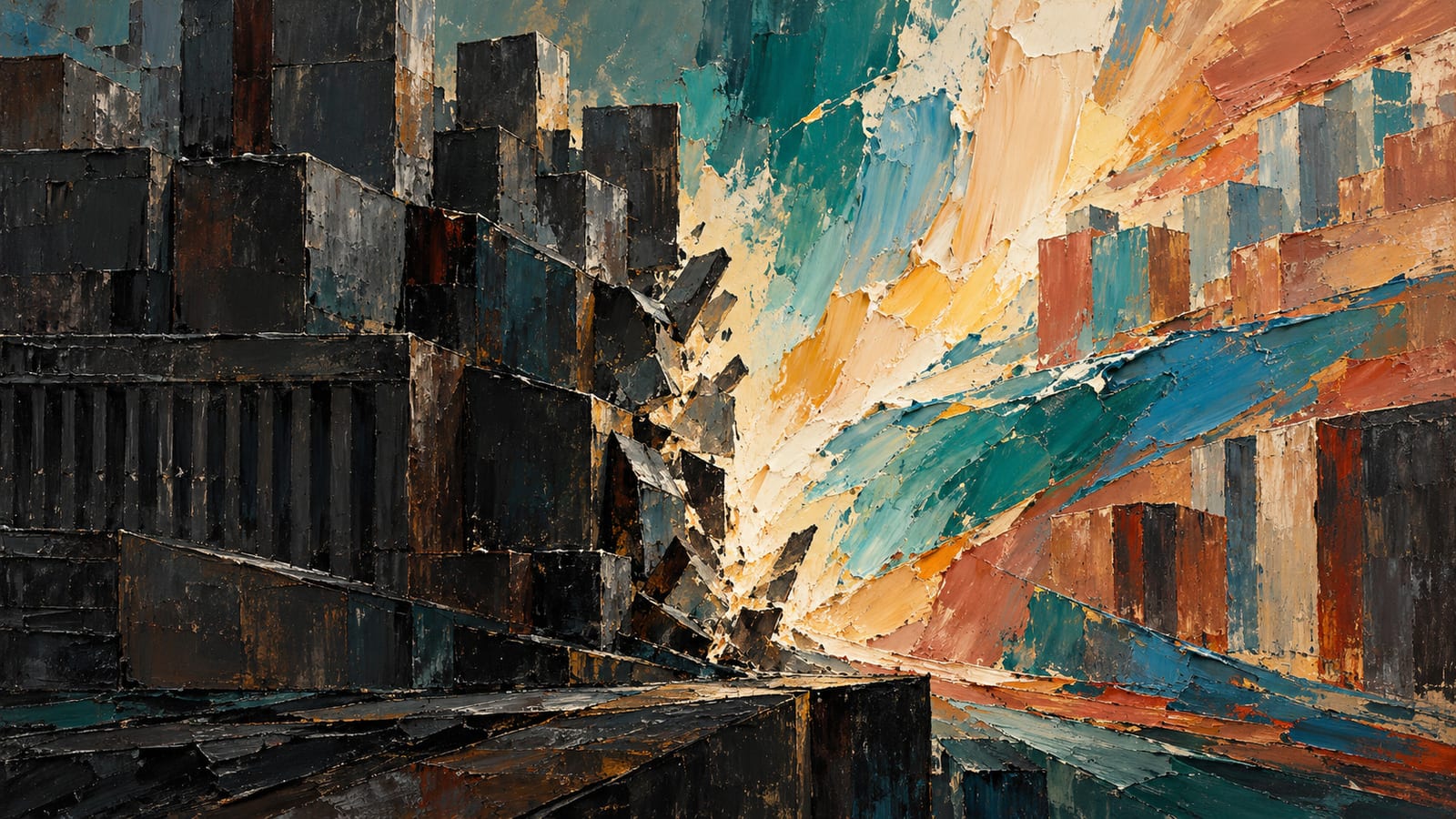 Dark geometric blocks facing a bright abstract cityscape