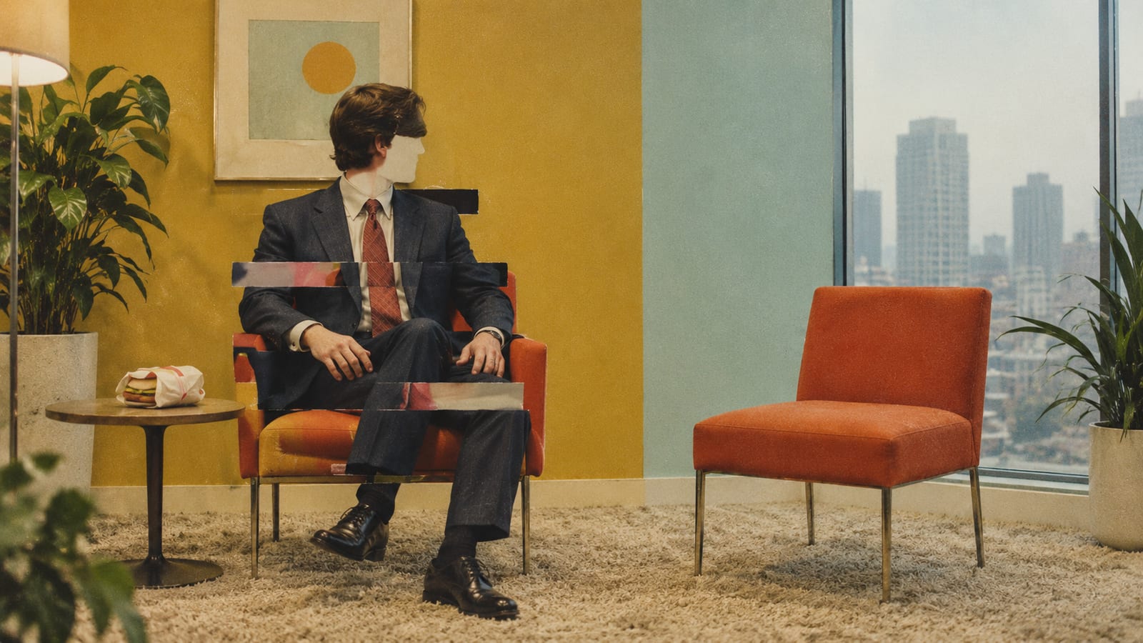 A faceless businessman seated beside an empty chair and a sandwich