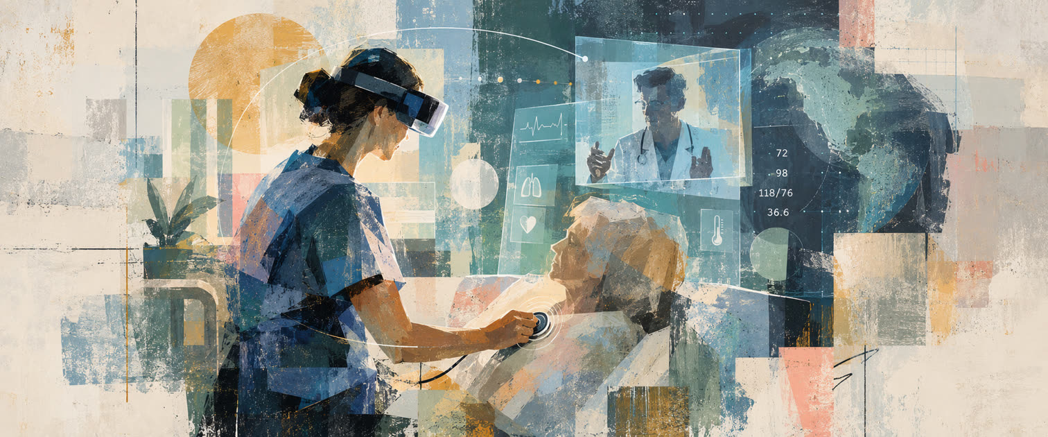 Painted collage of a nurse in a mixed reality headset holding a stethoscope to an elderly patient in bed, while floating panels show a remote doctor and the patient's vital signs