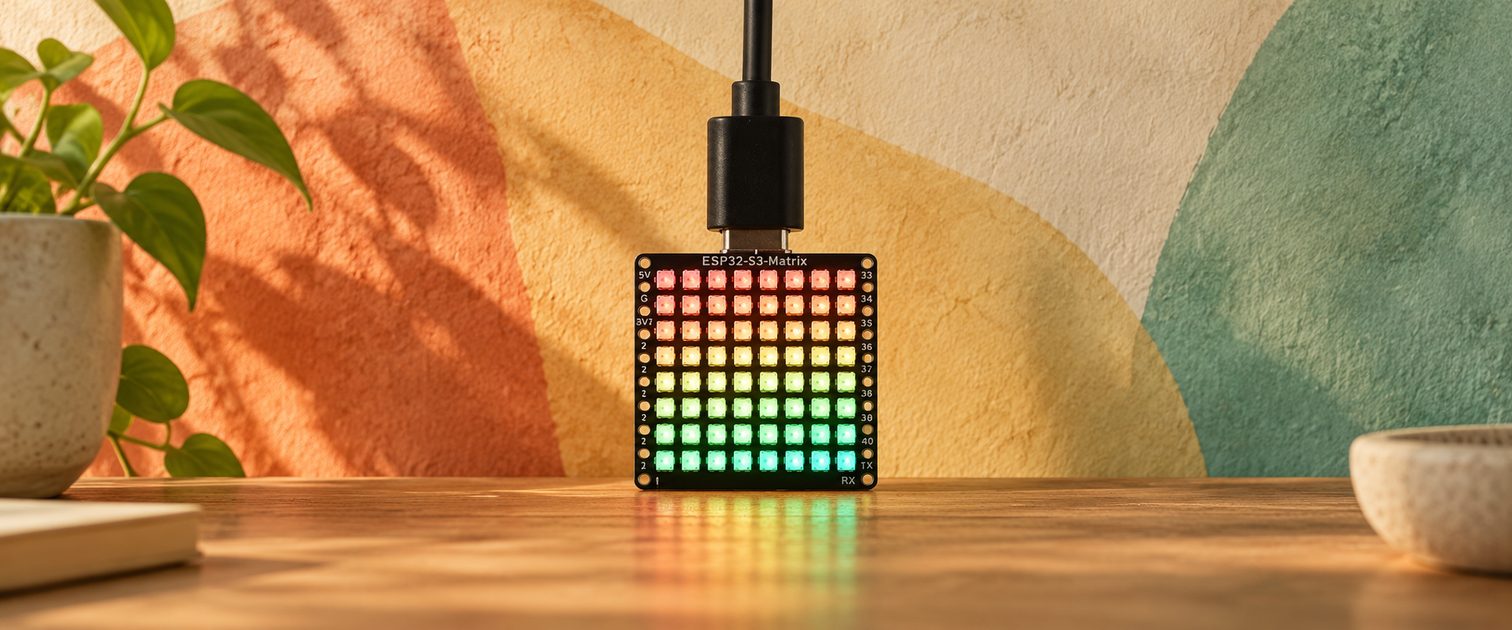 An ESP32-S3-Matrix board on a wooden desk, powered by a USB-C cable, its 8x8 LEDs glowing in rows from red through yellow to green in front of a painted wall