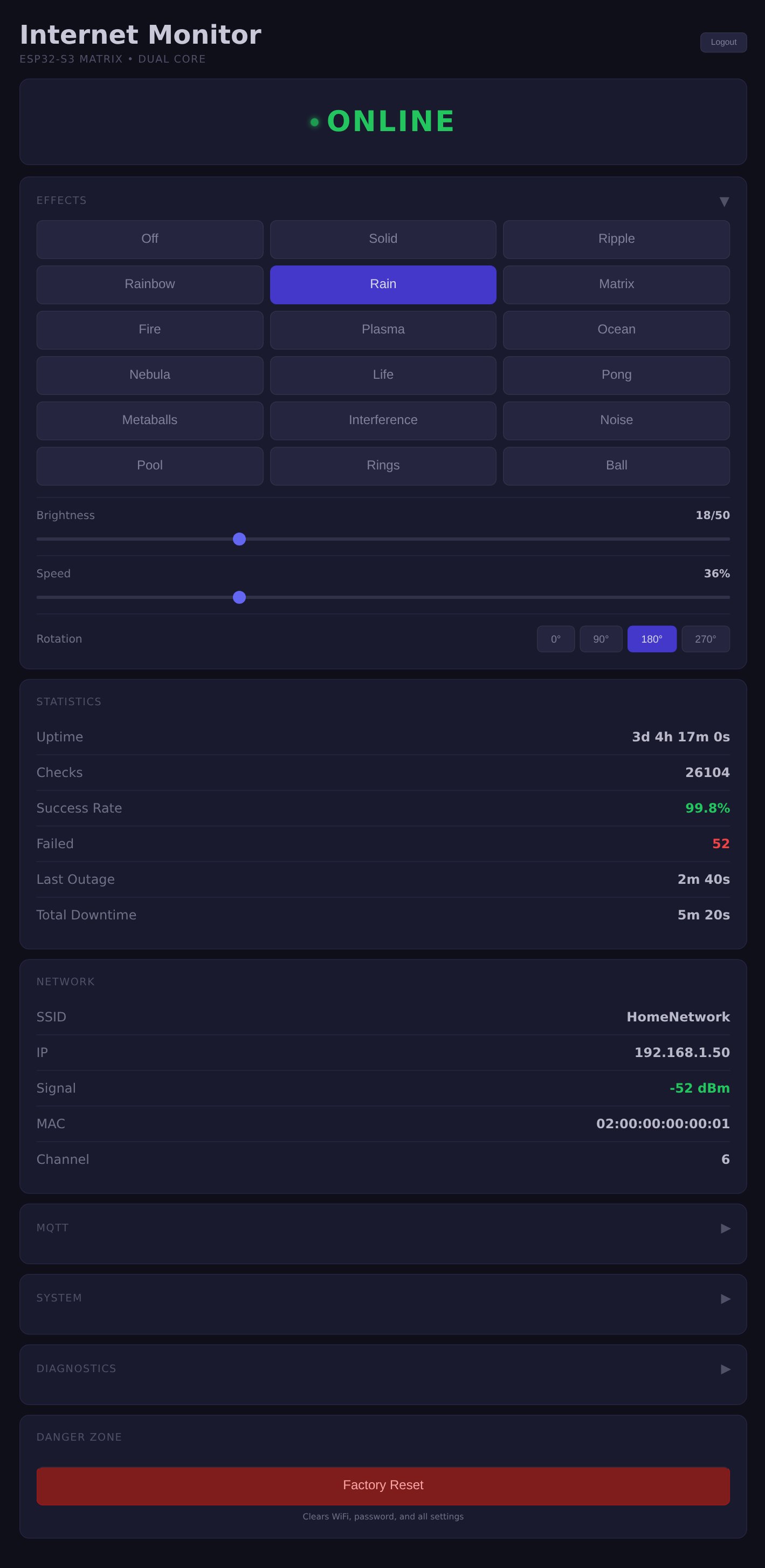 The full dashboard: an ONLINE status banner, the effects card, statistics, network details for HomeNetwork at 192.168.1.50, collapsed MQTT, System and Diagnostics sections, and a Factory Reset button