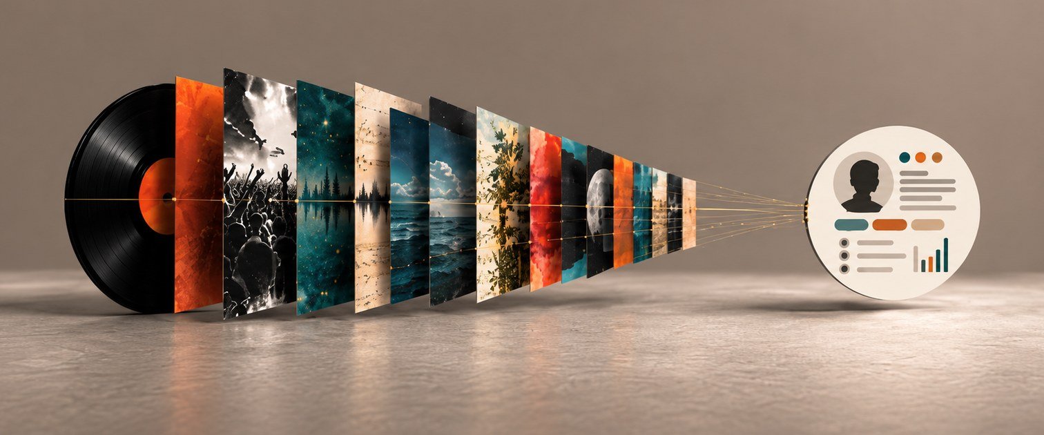 A vinyl record whose music fans out into a row of image panels, joined by thin lines that converge on a single artist profile card