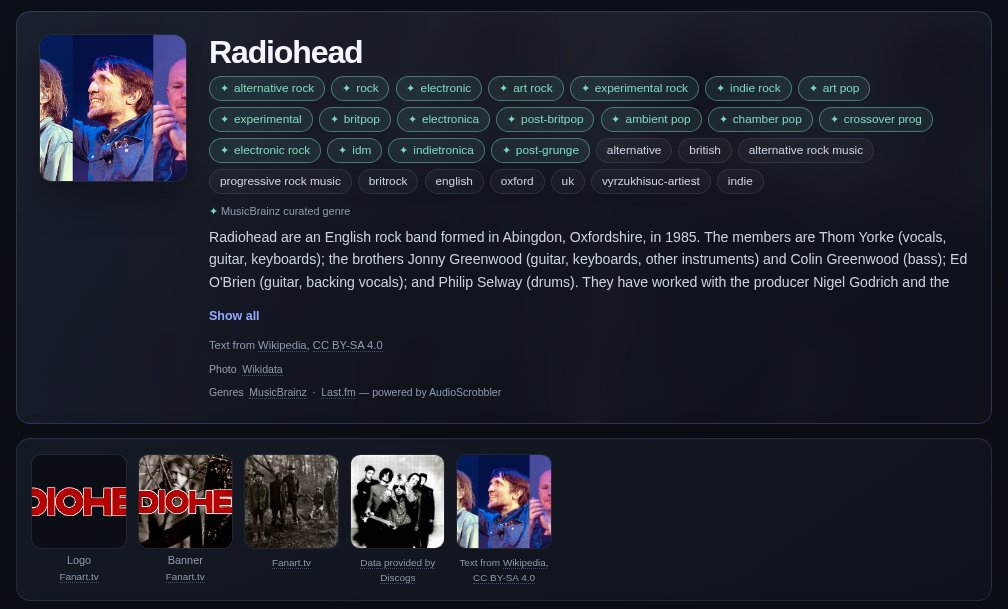 The demo's result for Radiohead: a photo, genre tags, the opening of the Wikipedia biography with its credits, and a row of artwork from Fanart.tv, Discogs and Wikipedia