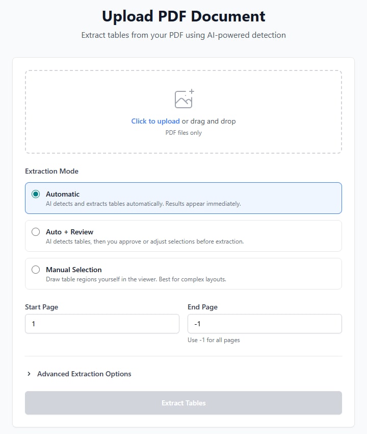 The Tablescan upload page, with a file drop area, the three extraction modes, a page range, and advanced extraction options